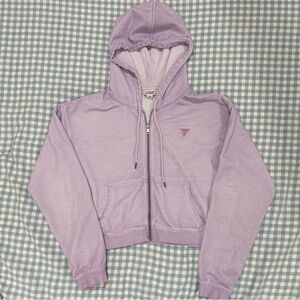 GUESS Vintage-Wash Lilac Zip Hoodie | Logo Back